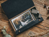 Black Photo Box made of Leather and Wood for Prints and USB Drive