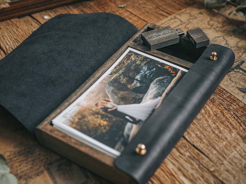 Black Photo Box made of Leather and Wood for Prints and USB Drive