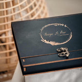 Close-up of vintage-style clasp on black wooden wedding photo presentation box