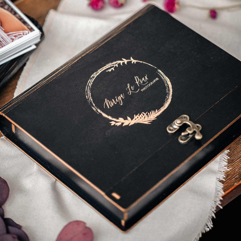 Black wooden wedding photo box with vintage clasp and engraved design