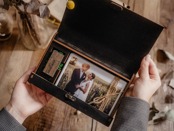 Black Wooden Photo Box with USB Flash Drive for Wedding Clients