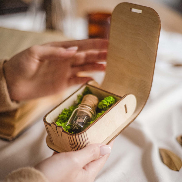 Glass Bottle USB 3.0 Flash Drive in Personalized Maple Wooden Box with Moss, Unique Gift