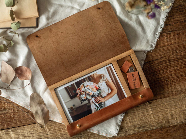 Leather Wood Box for Photos with Pen Drive for Wedding Photographers