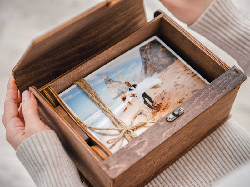 Walnut Wooden Photo Box with USB Slot – Personalized Wedding Gift