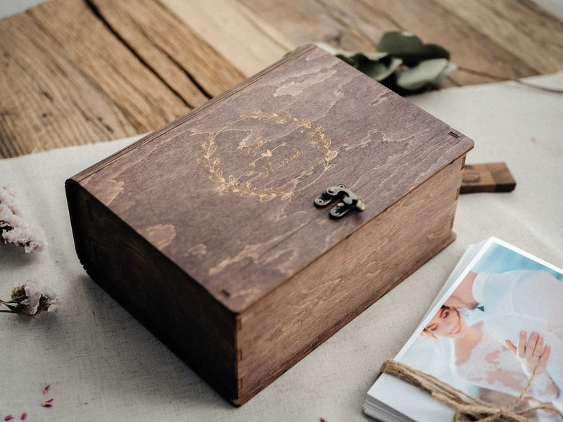 Walnut Wooden Photo Box with USB Slot – Personalized Wedding Gift